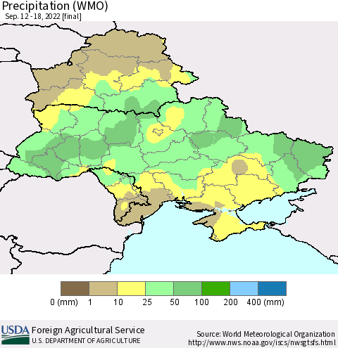 Ukraine, Moldova and Belarus Precipitation (WMO) Thematic Map For 9/12/2022 - 9/18/2022