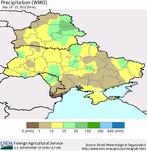 Ukraine, Moldova and Belarus Precipitation (WMO) Thematic Map For 9/19/2022 - 9/25/2022