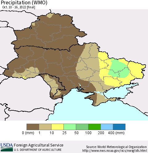 Ukraine, Moldova and Belarus Precipitation (WMO) Thematic Map For 10/10/2022 - 10/16/2022