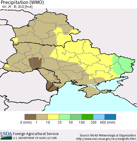 Ukraine, Moldova and Belarus Precipitation (WMO) Thematic Map For 10/24/2022 - 10/30/2022