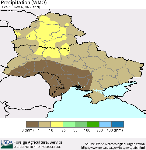 Ukraine, Moldova and Belarus Precipitation (WMO) Thematic Map For 10/31/2022 - 11/6/2022