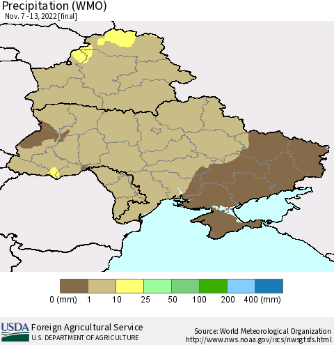 Ukraine, Moldova and Belarus Precipitation (WMO) Thematic Map For 11/7/2022 - 11/13/2022