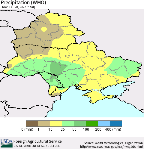 Ukraine, Moldova and Belarus Precipitation (WMO) Thematic Map For 11/14/2022 - 11/20/2022