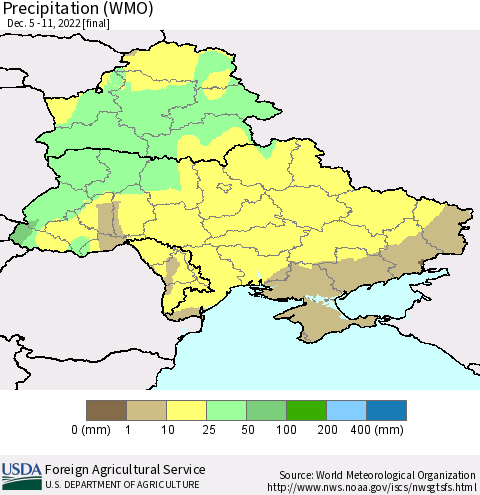 Ukraine, Moldova and Belarus Precipitation (WMO) Thematic Map For 12/5/2022 - 12/11/2022