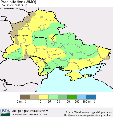 Ukraine, Moldova and Belarus Precipitation (WMO) Thematic Map For 12/12/2022 - 12/18/2022
