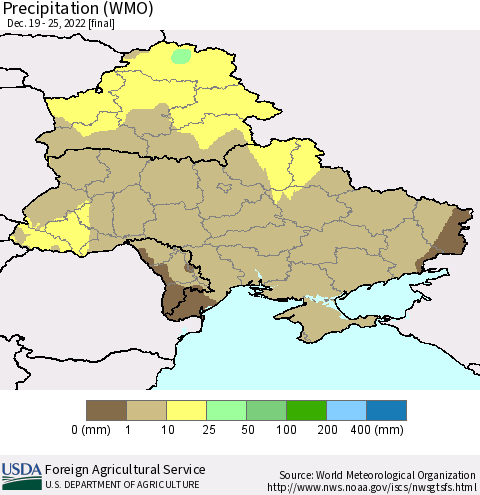 Ukraine, Moldova and Belarus Precipitation (WMO) Thematic Map For 12/19/2022 - 12/25/2022