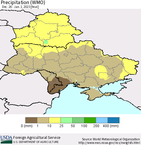 Ukraine, Moldova and Belarus Precipitation (WMO) Thematic Map For 12/26/2022 - 1/1/2023