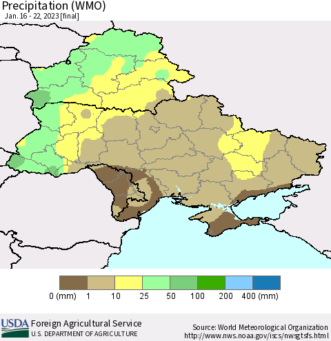Ukraine, Moldova and Belarus Precipitation (WMO) Thematic Map For 1/16/2023 - 1/22/2023