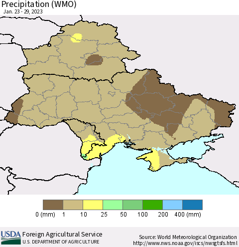 Ukraine, Moldova and Belarus Precipitation (WMO) Thematic Map For 1/23/2023 - 1/29/2023