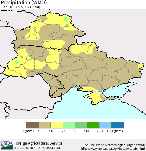 Ukraine, Moldova and Belarus Precipitation (WMO) Thematic Map For 1/30/2023 - 2/5/2023