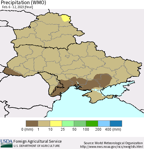 Ukraine, Moldova and Belarus Precipitation (WMO) Thematic Map For 2/6/2023 - 2/12/2023