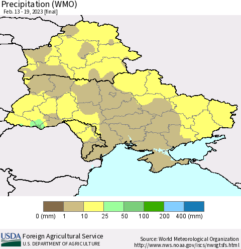 Ukraine, Moldova and Belarus Precipitation (WMO) Thematic Map For 2/13/2023 - 2/19/2023