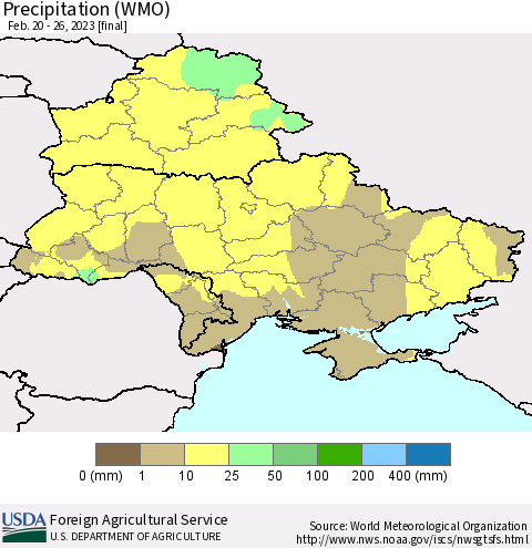 Ukraine, Moldova and Belarus Precipitation (WMO) Thematic Map For 2/20/2023 - 2/26/2023