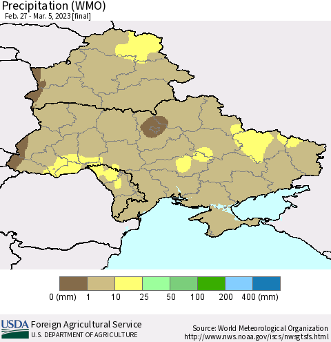 Ukraine, Moldova and Belarus Precipitation (WMO) Thematic Map For 2/27/2023 - 3/5/2023