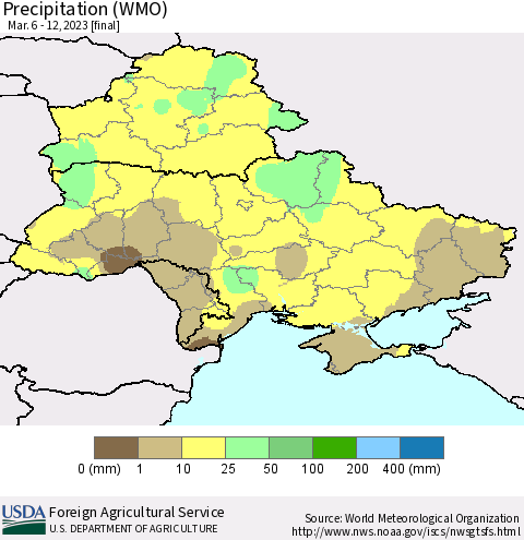Ukraine, Moldova and Belarus Precipitation (WMO) Thematic Map For 3/6/2023 - 3/12/2023