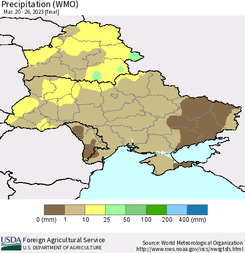 Ukraine, Moldova and Belarus Precipitation (WMO) Thematic Map For 3/20/2023 - 3/26/2023