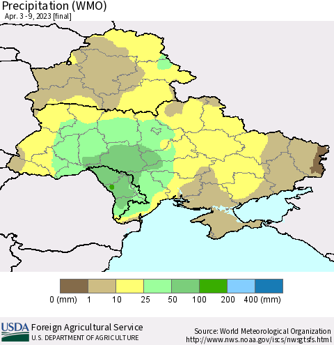 Ukraine, Moldova and Belarus Precipitation (WMO) Thematic Map For 4/3/2023 - 4/9/2023