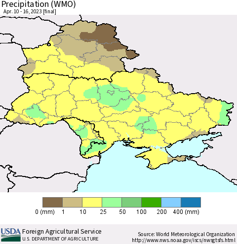 Ukraine, Moldova and Belarus Precipitation (WMO) Thematic Map For 4/10/2023 - 4/16/2023