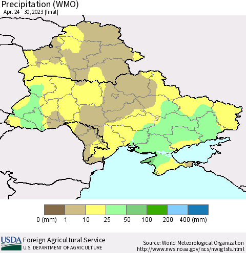 Ukraine, Moldova and Belarus Precipitation (WMO) Thematic Map For 4/24/2023 - 4/30/2023