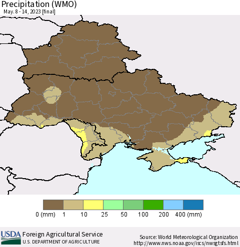 Ukraine, Moldova and Belarus Precipitation (WMO) Thematic Map For 5/8/2023 - 5/14/2023