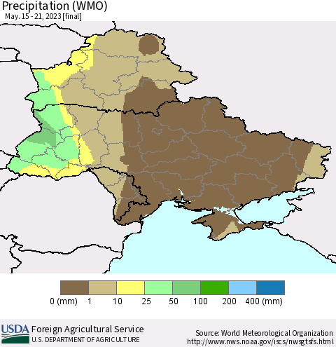 Ukraine, Moldova and Belarus Precipitation (WMO) Thematic Map For 5/15/2023 - 5/21/2023