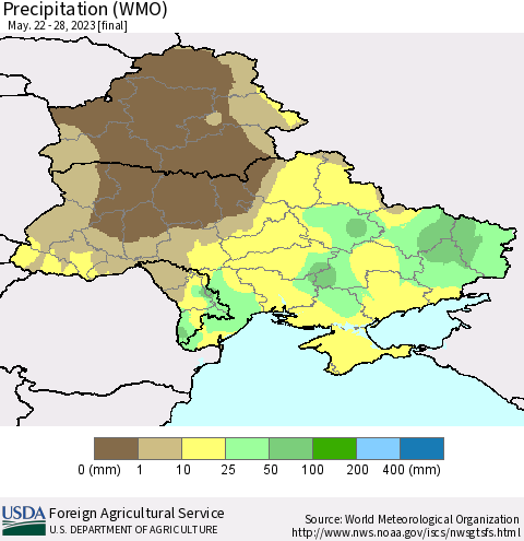 Ukraine, Moldova and Belarus Precipitation (WMO) Thematic Map For 5/22/2023 - 5/28/2023