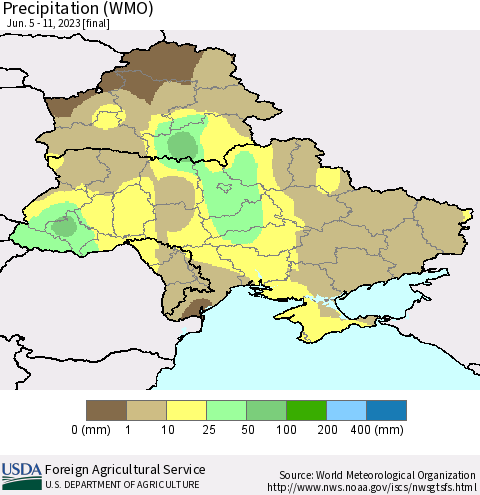 Ukraine, Moldova and Belarus Precipitation (WMO) Thematic Map For 6/5/2023 - 6/11/2023