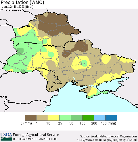 Ukraine, Moldova and Belarus Precipitation (WMO) Thematic Map For 6/12/2023 - 6/18/2023
