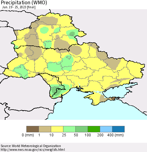Ukraine, Moldova and Belarus Precipitation (WMO) Thematic Map For 6/19/2023 - 6/25/2023