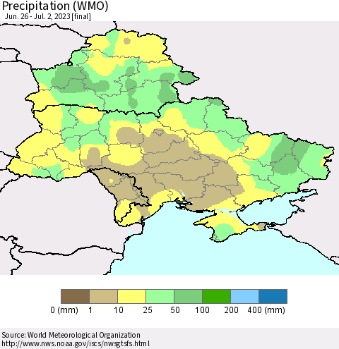 Ukraine, Moldova and Belarus Precipitation (WMO) Thematic Map For 6/26/2023 - 7/2/2023