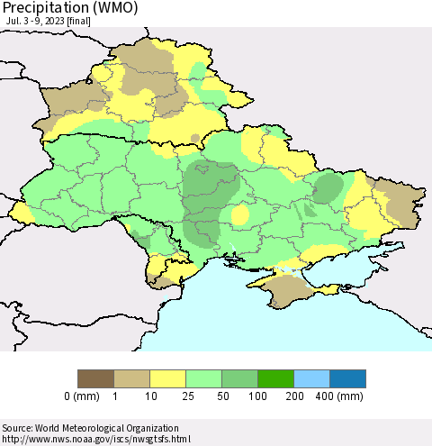 Ukraine, Moldova and Belarus Precipitation (WMO) Thematic Map For 7/3/2023 - 7/9/2023