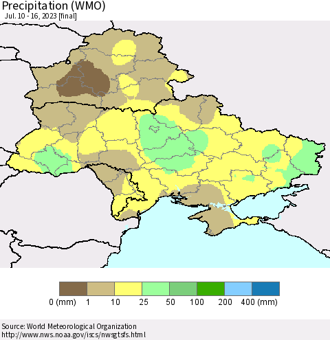 Ukraine, Moldova and Belarus Precipitation (WMO) Thematic Map For 7/10/2023 - 7/16/2023