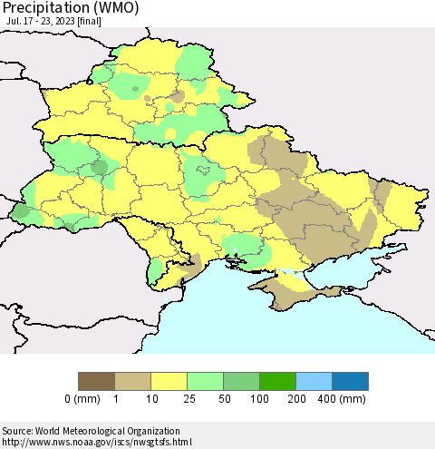 Ukraine, Moldova and Belarus Precipitation (WMO) Thematic Map For 7/17/2023 - 7/23/2023