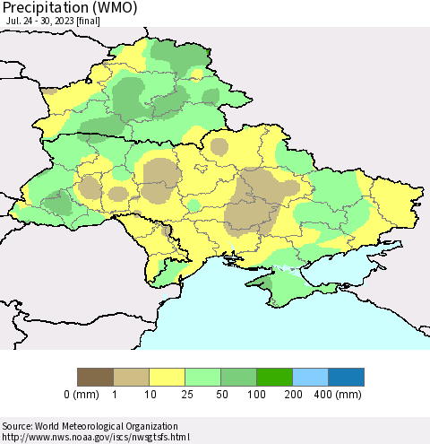 Ukraine, Moldova and Belarus Precipitation (WMO) Thematic Map For 7/24/2023 - 7/30/2023