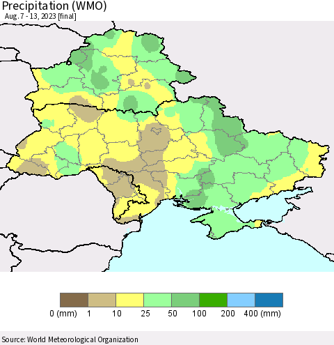 Ukraine, Moldova and Belarus Precipitation (WMO) Thematic Map For 8/7/2023 - 8/13/2023