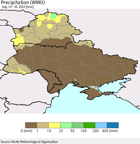 Ukraine, Moldova and Belarus Precipitation (WMO) Thematic Map For 8/14/2023 - 8/20/2023