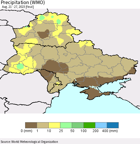 Ukraine, Moldova and Belarus Precipitation (WMO) Thematic Map For 8/21/2023 - 8/27/2023