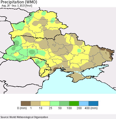 Ukraine, Moldova and Belarus Precipitation (WMO) Thematic Map For 8/28/2023 - 9/3/2023