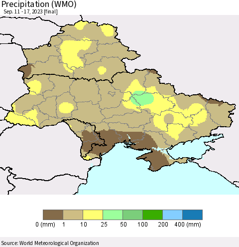 Ukraine, Moldova and Belarus Precipitation (WMO) Thematic Map For 9/11/2023 - 9/17/2023