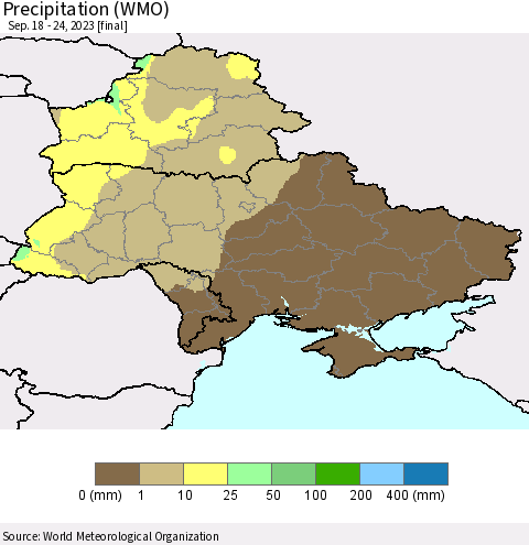 Ukraine, Moldova and Belarus Precipitation (WMO) Thematic Map For 9/18/2023 - 9/24/2023