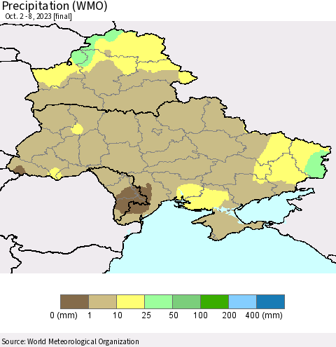Ukraine, Moldova and Belarus Precipitation (WMO) Thematic Map For 10/2/2023 - 10/8/2023