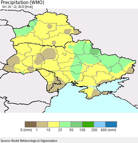 Ukraine, Moldova and Belarus Precipitation (WMO) Thematic Map For 10/16/2023 - 10/22/2023