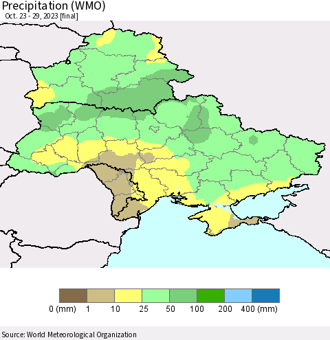 Ukraine, Moldova and Belarus Precipitation (WMO) Thematic Map For 10/23/2023 - 10/29/2023