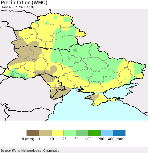 Ukraine, Moldova and Belarus Precipitation (WMO) Thematic Map For 11/6/2023 - 11/12/2023