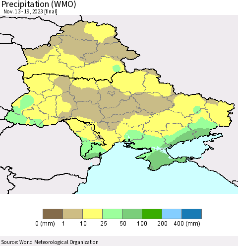 Ukraine, Moldova and Belarus Precipitation (WMO) Thematic Map For 11/13/2023 - 11/19/2023