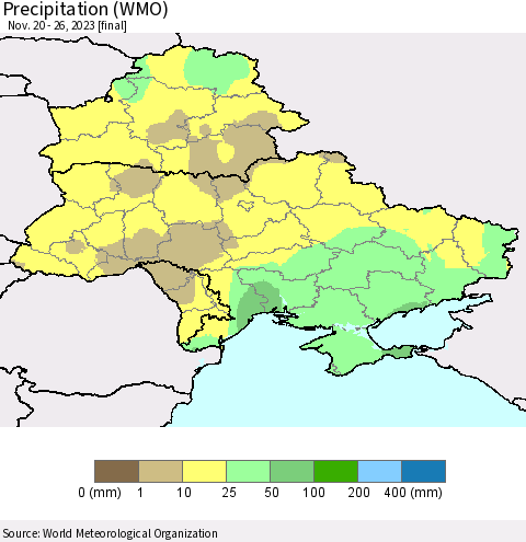 Ukraine, Moldova and Belarus Precipitation (WMO) Thematic Map For 11/20/2023 - 11/26/2023