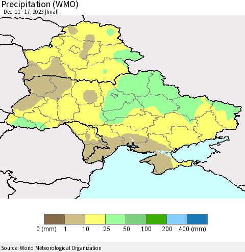 Ukraine, Moldova and Belarus Precipitation (WMO) Thematic Map For 12/11/2023 - 12/17/2023