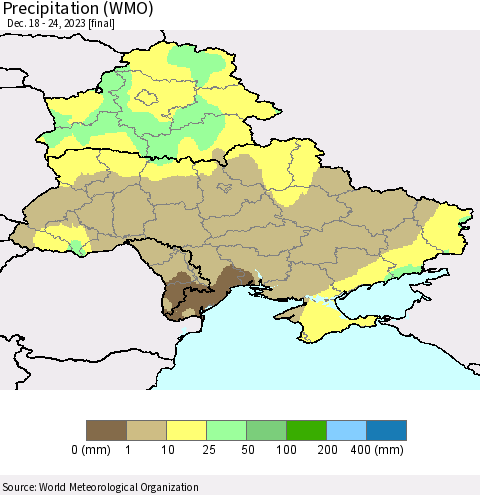 Ukraine, Moldova and Belarus Precipitation (WMO) Thematic Map For 12/18/2023 - 12/24/2023