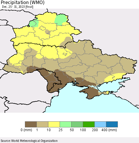 Ukraine, Moldova and Belarus Precipitation (WMO) Thematic Map For 12/25/2023 - 12/31/2023