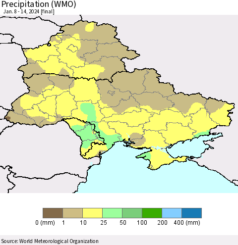 Ukraine, Moldova and Belarus Precipitation (WMO) Thematic Map For 1/8/2024 - 1/14/2024